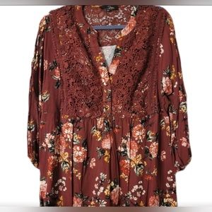 Suzanne Betro | Floral Boho Maroon Lacey Lantern Sleeve Tunic Blouse